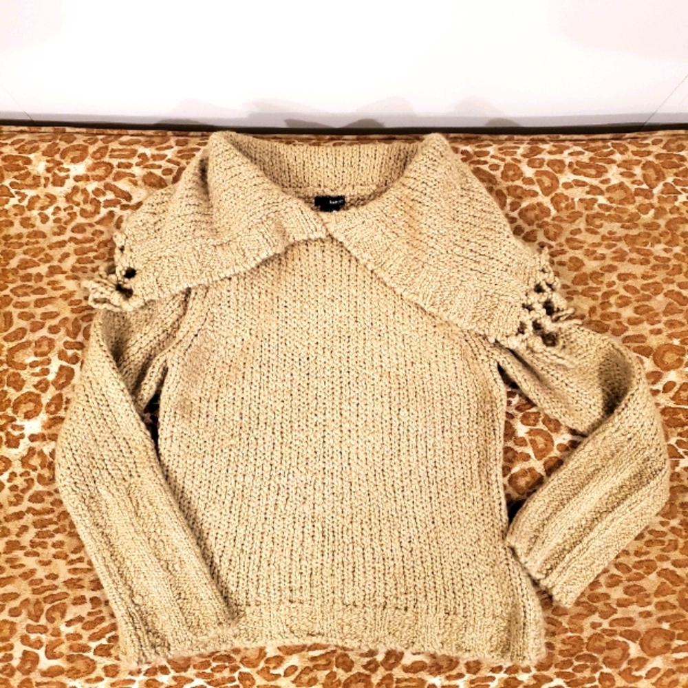 KENZIE Fringed Shawl Collar Knit Sweater, L, TAN